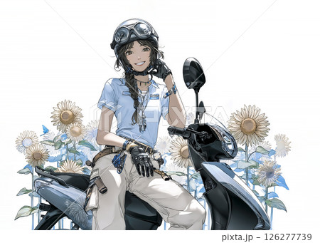 スクーターでヒマワリの花畑に来た若い女性のイラスト素材 126277739
