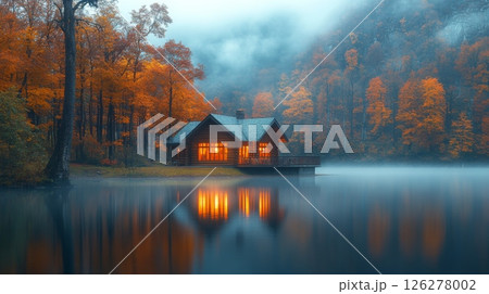 The tranquil lake holds a charming cabin nestled among vibrant autumn trees, their leaves glowing in the soft evening light, creating a serene atmosphere. 126278002