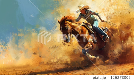 A cowgirl expertly rides her horse through a swirling cloud of dust, showcasing skill and precision in a rodeo event. A cowgirl expertly rides her horse through a swirling cloud of dust, showcasing skill and precision in a rodeo event. 126278005