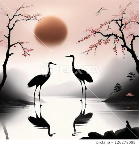満月と鶴のシルエット 126278089