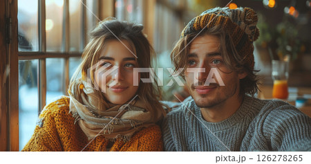 A young couple smiles at the camera while sitting near a window in a cozy cafe. 126278265