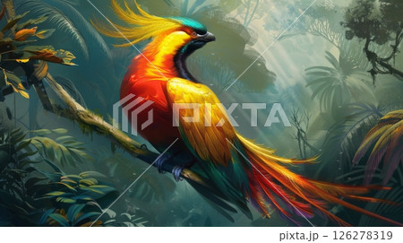 A vibrant, multi-colored bird with a long tail perches on a branch in a dense jungle. 126278319