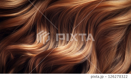 Wavy strands of shiny brown hair flow together, illuminated softly to highlight their texture and movement. 126278322