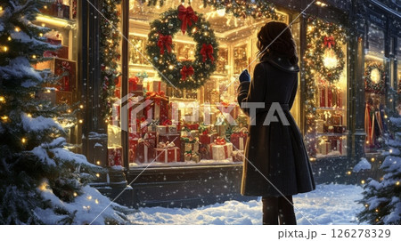 A woman stands in the snow, looking at a store window decorated for the holidays. The window is filled with wrapped gifts, a large wreath, and twinkling lights. 126278329