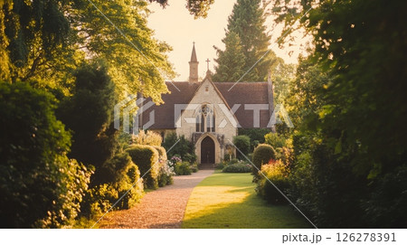 A quaint stone cottage is nestled among greenery, illuminated by warm evening light, with a winding path leading to its entrance. 126278391