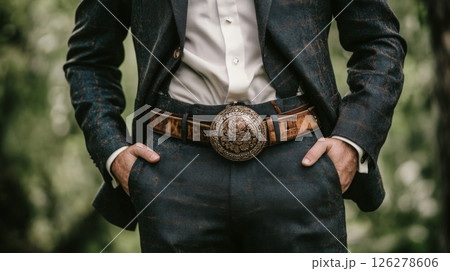 A man wearing a tailored suit and a decorative silver belt buckle stands confidently outdoors, with hands in pockets. 126278606
