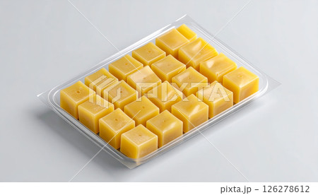 A clear plastic tray filled with small, uniform yellow square blocks, likely candy or wax melts, arranged neatly on a light background. A clear plastic tray filled with small, uniform yellow square blocks, likely candy or wax melts, arranged neatly on a light background. 126278612
