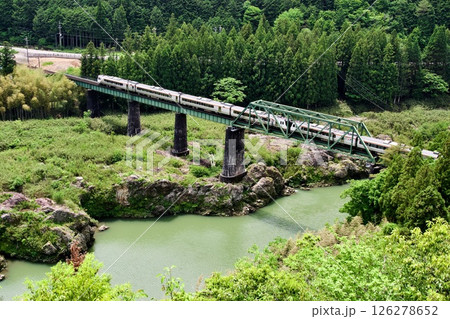 高山線を走る特急ひだ（HC85系）を野原城址から見る 126278652