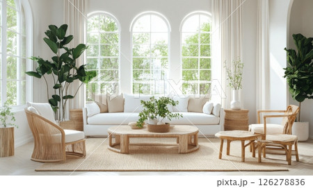The image shows a living room interior with a white couch, two wicker chairs, and a large, oval-shaped coffee table The image shows a living room interior with a white couch, two wicker chairs, and a large, oval-shaped coffee table 126278836