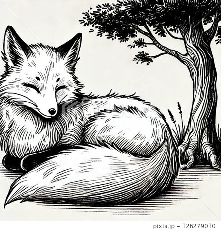 木の下で休んでいるキツネの漫画風イラスト 126279010