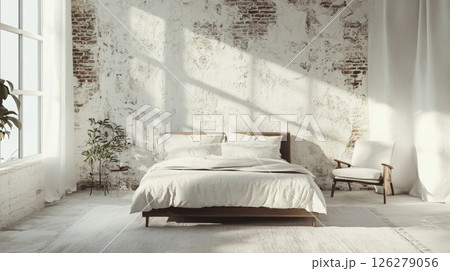 A serene bedroom features a comfortable wooden bed with soft linens, an armchair beside a large window, and rustic brick walls. Sunlight streams in, creating a peaceful and inviting atmosphere. 126279056