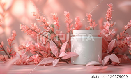 A white jar rests on a table beside vibrant pink flowers, creating a simple yet elegant display. 126279069