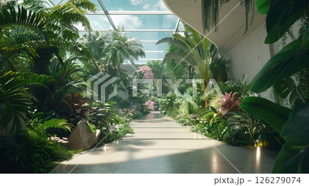 A view down a pathway in a lush, tropical garden. The path is lined with vibrant foliage and flowers, and the ceiling is made of glass, letting in natural light. 126279074