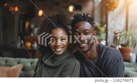 A young couple smiles at the camera, sitting on a couch in a cafe. 126279075