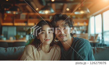 A young couple smiles and poses for a photo in a cafe. 126279076