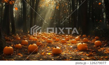 A path through a dark forest is covered in fallen leaves, with a patch of sunlight shining through the trees. Pumpkins are strewn along the path and on the ground. 126279077