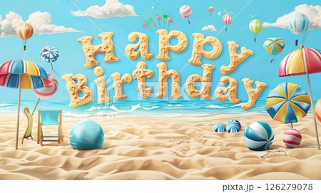 A vibrant beach setting features colorful balloons, umbrellas, and sand, celebrating a cheerful birthday theme with joyful decorations. 126279078