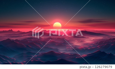 The sun is setting behind a range of mountains, casting a warm glow across the landscape. 126279079