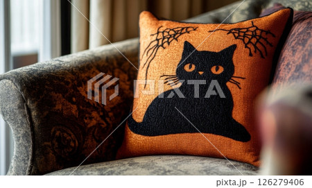 A decorative pillow featuring a black cat design rests on a beautifully patterned sofa, adding warmth and charm to the living space during the autumn season. A decorative pillow featuring a black cat design rests on a beautifully patterned sofa, adding warmth and charm to the living space during the autumn season. 126279406