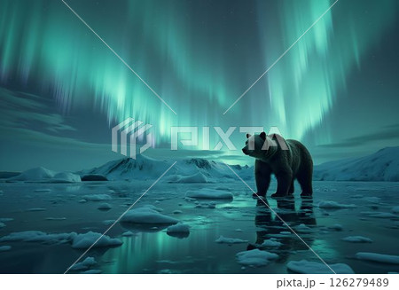 Aurora Borealis Reflecting on Ice with Bear Aurora Borealis Reflecting on Ice with Bear 126279489