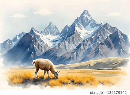 Watercolor Painting of the Majestic Andes with a Small Llama in the Meadow 126279542