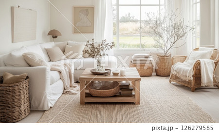 A living room featuring a white couch with a throw blanket, a wooden coffee table, and a wicker chair. The room is decorated in a neutral color palette, with beige walls and white furniture 126279585
