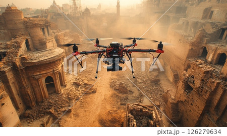A drone hovers above the remains of ancient architecture, capturing the vast and deteriorating structures bathed in the warm light of sunset, surrounded by dust. 126279634