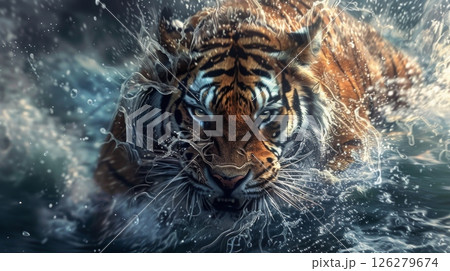 A tiger bursts from the water, its fur glistening with droplets. Its intense gaze is fixed on the viewer. 126279674
