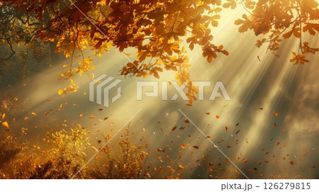 Sunlight filters through vibrant autumn foliage, illuminating falling leaves and creating a serene, warm atmosphere. 126279815