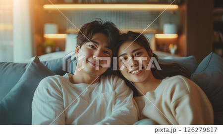 A young couple is sitting on a couch, smiling and looking at the camera. They are wearing casual clothing and seem to be relaxing at home. 126279817