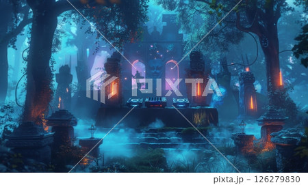 A DJ booth is set up in a mystical forest at night, illuminated by glowing lights and surrounded by trees and ancient stone structures. 126279830