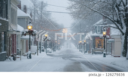 A serene village street is coated in fresh snow, with snowflakes gently falling. Streetlights illuminate the path, and charming decorations add a festive touch, creating a tranquil winter wonderland. 126279836