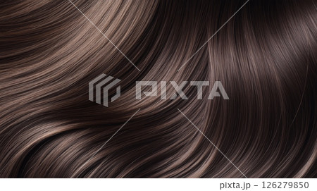 A close-up view of beautifully styled hair featuring shiny, flowing strands with a natural wave. The rich color variation enhances the visual appeal in soft, warm lighting. 126279850