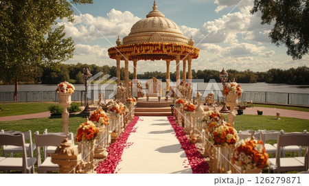 A stunning outdoor wedding venue featuring a beautifully adorned pavilion by the lake, lined with flower arrangements and a white aisle, set in a picturesque landscape. A stunning outdoor wedding venue featuring a beautifully adorned pavilion by the lake, lined with flower arrangements and a white aisle, set in a picturesque landscape. 126279871
