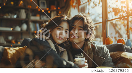A couple sits close together on a couch, smiling and looking at each other. They are in a home setting with a window behind them and soft lighting. A couple sits close together on a couch, smiling and looking at each other. They are in a home setting with a window behind them and soft lighting. 126279896