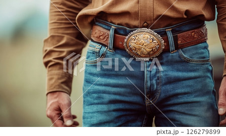 A cowboy stands confidently with hands on hips, showcasing a large belt buckle and casual jeans while dressed in a button-up shirt on a ranch in the afternoon light. 126279899