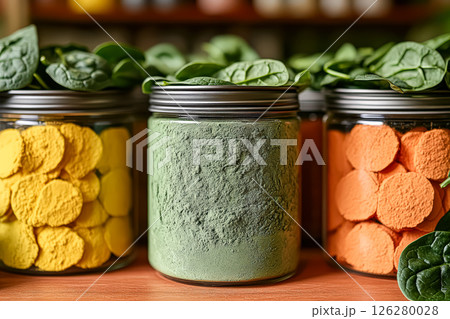 Three jars of different colored powders sit on a table 126280028