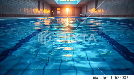 Pool with a blue tiled bottom and a blue tiled top 126280029