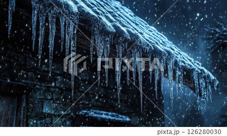 Roof covered in icicles with snow falling on it 126280030