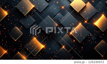 Black and gold background with a pattern of squares and stars 126280031