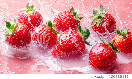 Bunch of strawberries are splashing in a pool of milk 126280111