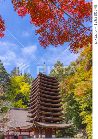 談山神社　紅葉に包まれた十三重塔 126280348