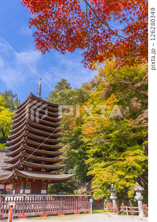 談山神社　紅葉に包まれた十三重塔 126280349