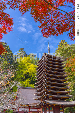 談山神社　紅葉に包まれた十三重塔 126280358