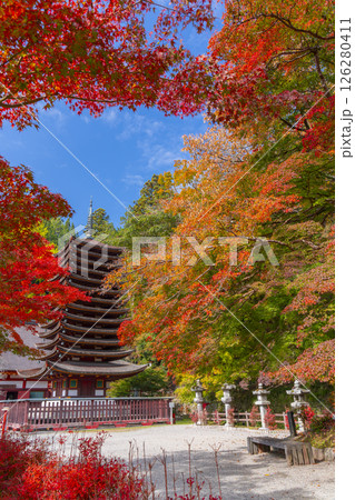 談山神社　紅葉に包まれた十三重塔 126280411