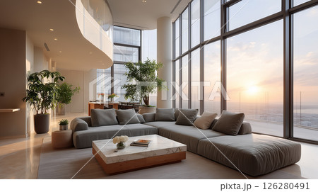 高級マンションのリビングルーム。観葉植物とソファが並ぶスタイリッシュな室内空間 高級マンションのリビングルーム。観葉植物とソファが並ぶスタイリッシュな室内空間 126280491