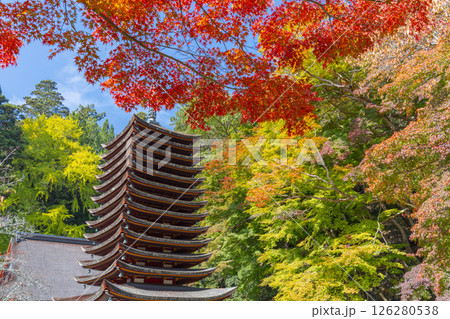 談山神社　紅葉に包まれた十三重塔 126280538