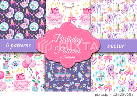 Cute and colorful birthday vector patterns with cakes, disco balls, gifts, champagne, balloons and sweets. Perfect for kids, party decor, wrapping and greeting cards 126280588