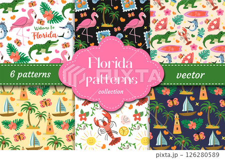 Bright Florida-inspired vector patterns with flamingos, alligators, palm trees, butterflies and sailboats. Perfect for kids design, travel posters and summer packaging Bright Florida-inspired vector patterns with flamingos, alligators, palm trees, butterflies and sailboats. Perfect for kids design, travel posters and summer packaging 126280589