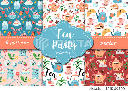 Sweet tea party vector patterns with teapots, cups, desserts, berries and florals. Ideal for invitations, fabric, packaging and cozy feminine themes 126280590